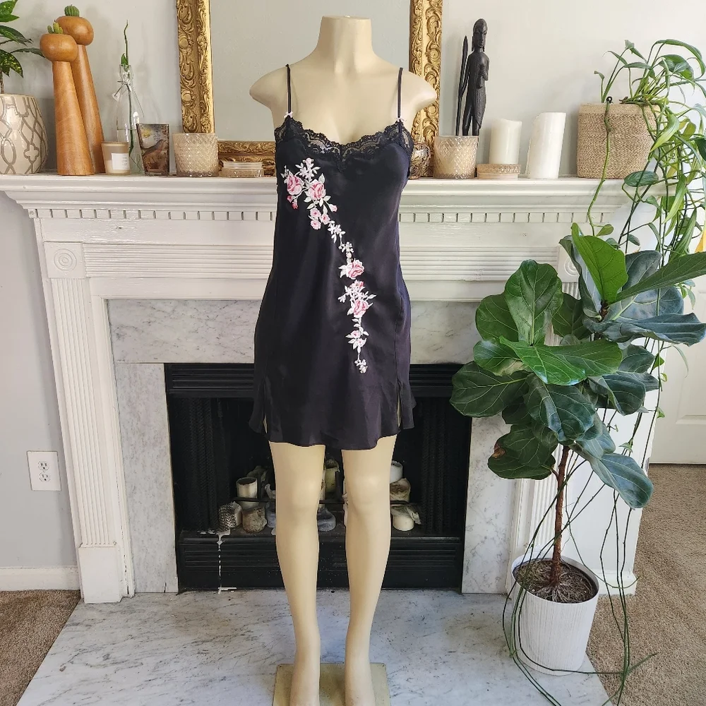 Vintage 90s Black Floral Chemise Slip Dress Sz M Pink Embroidered Mini Lace Y2K